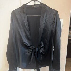 Black Satin Tie-Front Blouse